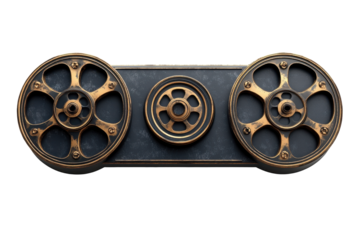 Black film reel with film strip creating a dynamic visual on a transparent background showcasing classic cinema elements