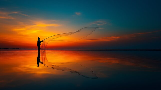 Silhouette of a Fisherman casting net at Sunset: A solitary figure casting a net, set against the backdrop of a vivid sunset reflected on tranquil water.