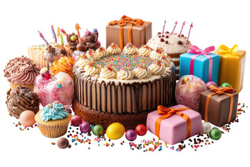 Colorful collection of festive cakes and decorative gifts in shades of pink and blue set against a transparent background