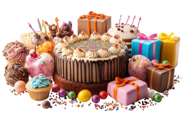 Colorful collection of festive cakes and decorative gifts in shades of pink and blue set against a transparent background