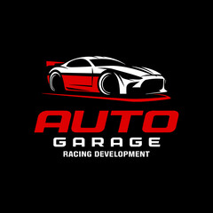Red and White Sports Car Logo for Auto Garage Racing Development on Black Background