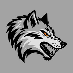 Wolf Head Mascot Logo with Orange Eyes and Open Mouth on Grey 