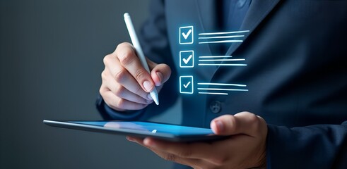 Digital Checklist: An anonymous individual, clad in a tailored suit, interacts with a tablet interface featuring a digital checklist, symbolizing progress and task completion.