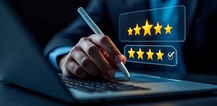 Digital Customer Review: A close-up shot of a hand selecting the final star on a rating, digital concept, reflecting the act of providing feedback and customer satisfaction.