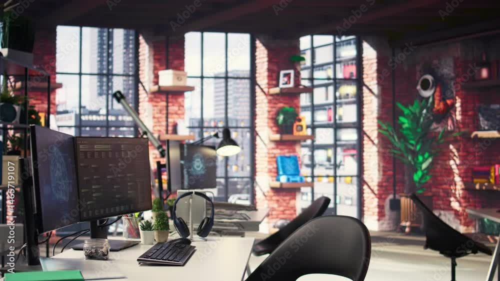 Poster empty desk for an expert technician with advanced computing visuals, including a notes tree and ai b