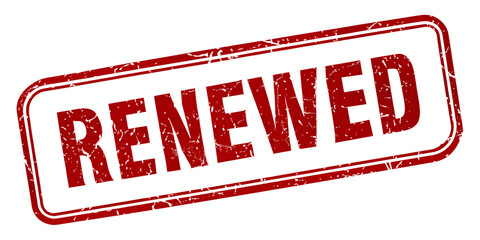 RENEWED red rubber stamp isolated on transparent background or white background with distressed texture effect