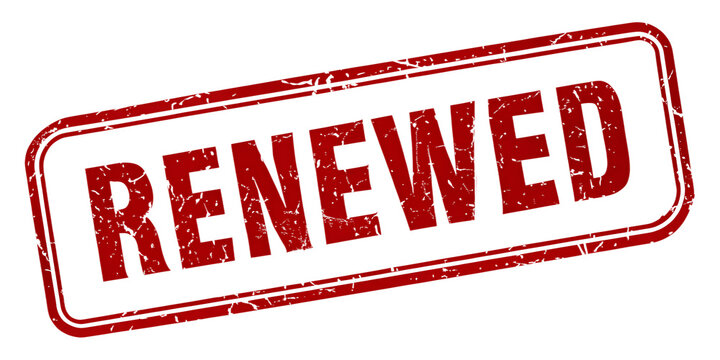 RENEWED red rubber stamp isolated on transparent background or white background with distressed texture effect