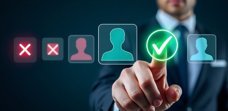 Choosing The Right Talent: A hand selects a candidate for a role, symbolizing human resource