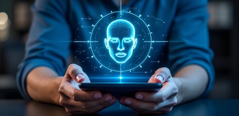 Biometric Scan and Technology: A person's hands cradle a smartphone. A vibrant holographic image of a face scan appears on the screen. This represents cutting-edge security and innovation.