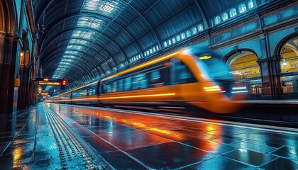 Modern orange train speeding through a large arched roof train station with glossy reflective wet platform and warm ambient lighting