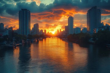 Fototapeta premium Sunset view over water between tall buildings in modern city
