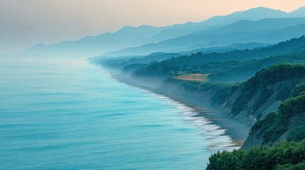 Fototapeta premium Misty coastal landscape with turquoise water and layered mountains. Lush greenery meets the ocean