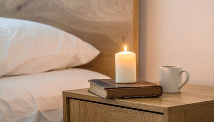 Peaceful Nighttime Atmosphere Candlelight, Book, and Mug on Wooden Nightstand