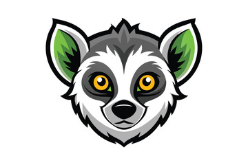Isolated lemur mascot with bright yellow eyes and a playful expression stares forward on white