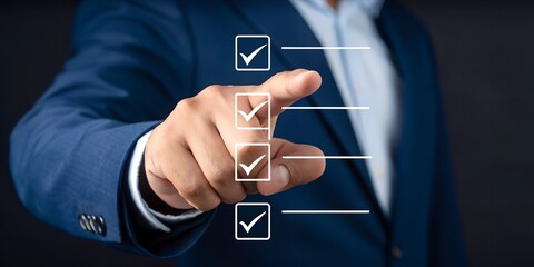 Task Completion List: A person in a professional setting thoughtfully engages with a digital checklist, meticulously reviewing each completed task. The composition conveys precision, focus.