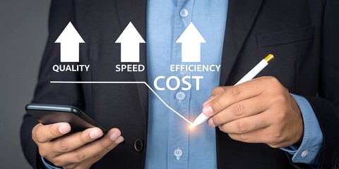 Business Improvement in Action: A determined executive meticulously plans to leverage the synergy of quality, speed, and efficiency to optimize cost