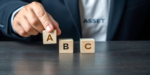 Asset Building Blocks: A person in business attire carefully places a wooden block labeled "A" onto a series of blocks, signifying the strategic planning and building of assets.