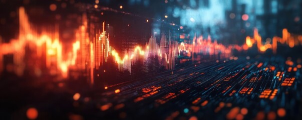 Glowing orange and blue digital stock market graph data visualized with fluctuating line chart and numerical codes on a futuristic electronic surface