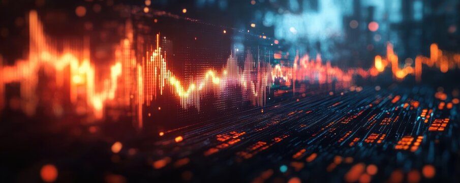 Glowing orange and blue digital stock market graph data visualized with fluctuating line chart and numerical codes on a futuristic electronic surface - Powered by Adobe