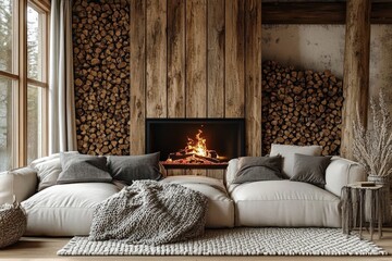Cozy living room with large beige sectional sofa, grey pillows, knitted blanket and rug, wooden logs stacked around fireplace, rustic wooden beams and large window daylight