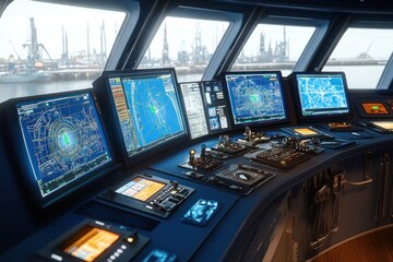 Modern ship control room with multiple radar and navigation screens displaying maps and technical data overlooking a harbor with cranes, showing advanced maritime technology
