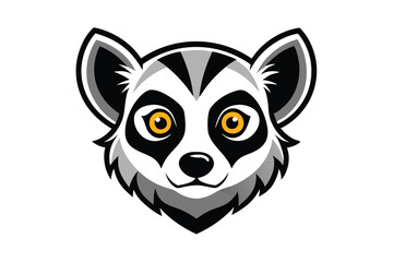 Stylized lemur face features bold lines and striking yellow eyes on a white backdrop