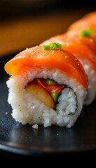 piece of sushi on a black plate