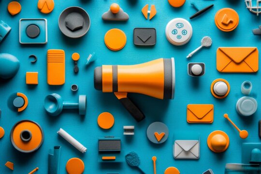 Flat lay of digital marketing tools on blue background with megaphone and icons