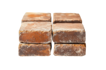 Person holding a rectangular brick with a rough texture against a transparent background, showcasing construction materials and building activities
