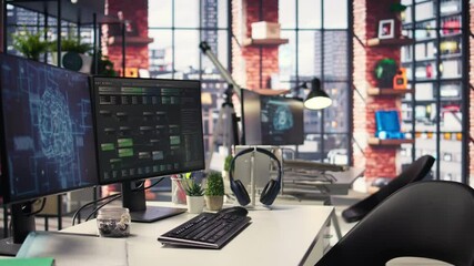 Empty office desk with computer screen showing terminal windows and network neurons. AI powered system uses cognitive computing and pattern recognition for futuristic software solutions.