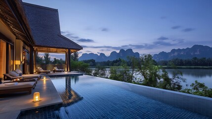 Fototapeta premium Infinity edge pool luxury resort terrace overlooking mountain range at dawn cinematic peace