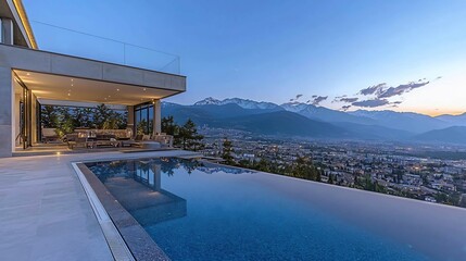 Fototapeta premium Infinity edge pool luxury resort terrace overlooking mountain range at dawn cinematic peace