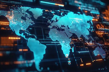 Digital rendering of a world map with glowing blue continents and orange data points on a black grid background showcasing global digital connectivity