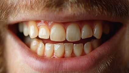 Fototapeta premium Close-up of a person's mouth showing natural teeth with slight discoloration and visible gums, smiling gently