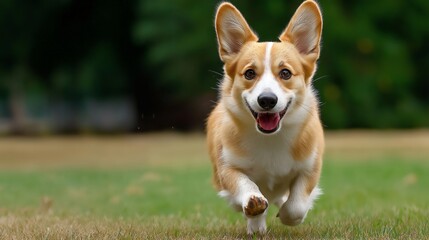 Joyful Corgi in Action: A lively Corgi, bursting with energy, dashes across a vibrant green field, ears perked, in a delightful display of canine exuberance.