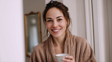 Happy woman in robe holding morning tea
