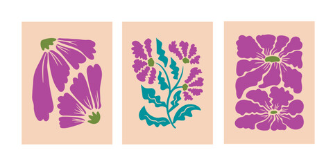 Abstract pink flowers and turquoise green leaves. Handmade floral prints with minimalist design. transparent brackground