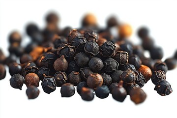 Fototapeta premium Close-up of a pile of black peppercorns on a white background with visible textures and natural colors