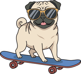 Pug on Skateboard with Sunglasses Illustration