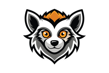 Cartoon lemur head features orange eyes and fur in a stylized logo