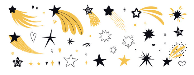 Different shooting stars with beautiful tails original artwork. Hand drawn star for your design on white background
