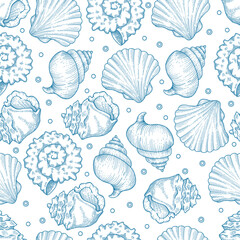 Toile de jouy seashells pattern. Colorful seamless shells and starfish pattern. Perfect for greetings, invitations, manufacture wrapping paper, textile and web design. Vector ocean pattern