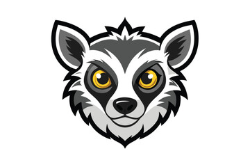 Gray raccoon head with yellow eyes smiles gently on a white background