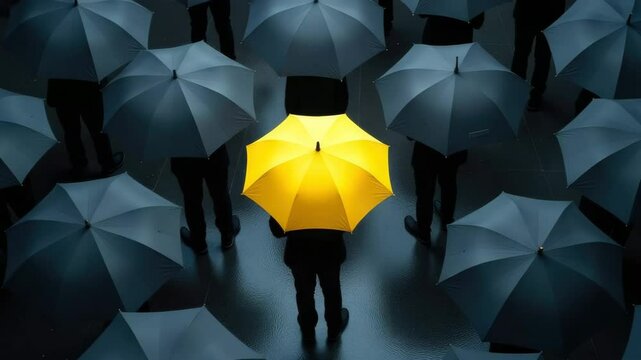 A person stands out with a bright yellow umbrella among a crowd of dark umbrellas. Concept of: Individuality.