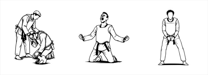 Black and white vector of taekwondo athletes expressing emotion after a match. One celebrates victory, while another offers respect and comfort. Powerful sportsmanship and emotional moments.