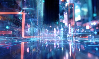 Fototapeta premium Futuristic neon cityscape glowing with colorful lights at dusk