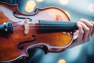 Fototapeta premium Close-up of a hand playing a wooden violin with glowing lights blurred in the background, creating a warm and artistic ambiance