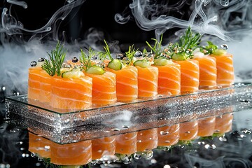 Intricate sashimi art arranged a mirrored tray creating a perfect reflection beneath surrounded by floating droplets and silver tendrils of smoke