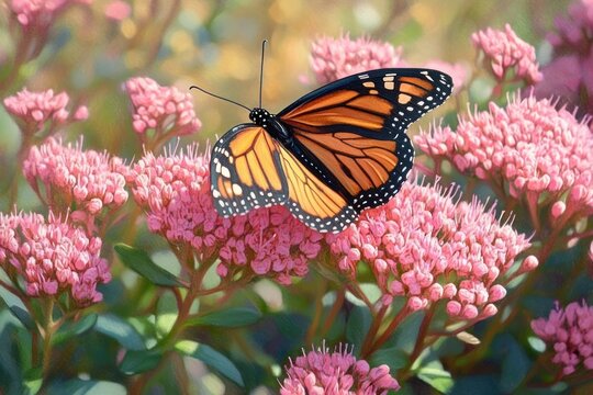 bright orange and black butterfly perched on clusters of vibrant pink flowers with green foliage in soft natural light