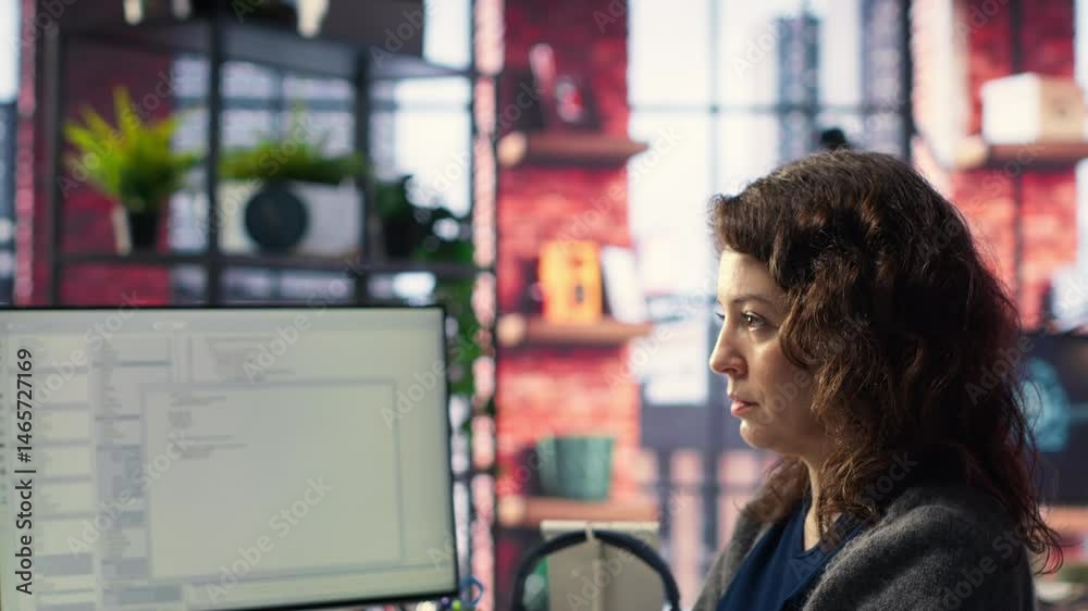 Fototapete Female programmer developing app and software algorithm on pc, working at creative agency. Engineer uses digital tools and focuses on java script engineering and coding, IT specialist. Camera B.
